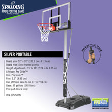 Load image into Gallery viewer, SPALDING Silver Original Portable Backboard System (52" x 32" Board)
